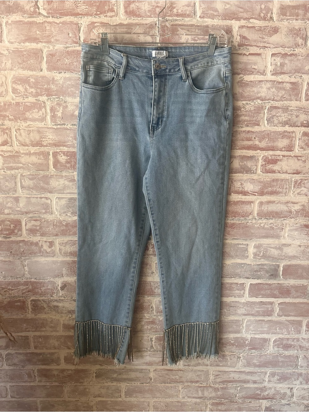 Forever 21 Light Blue Diamond Fringe Hem Cropped Jeans